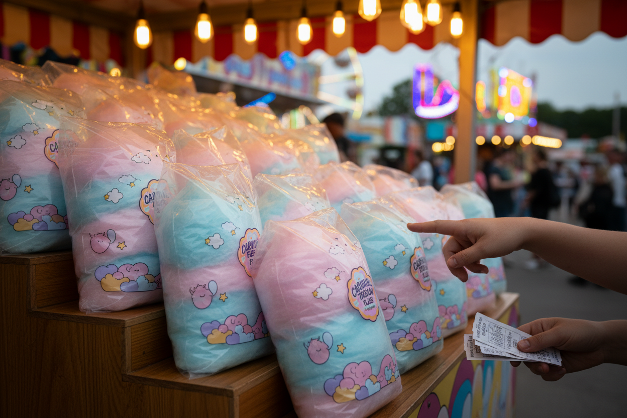 Close-up of prepackaged cotton candy bags with customer reaching