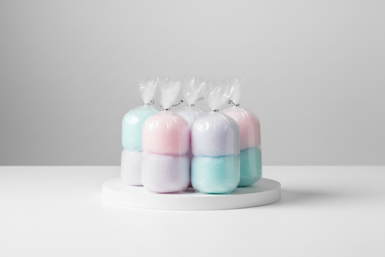 Close-up of prepackaged cotton candy in clear bags