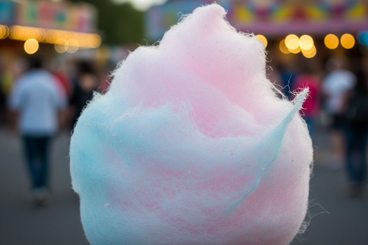 Fresh spun cotton candy with pink and blue swirls