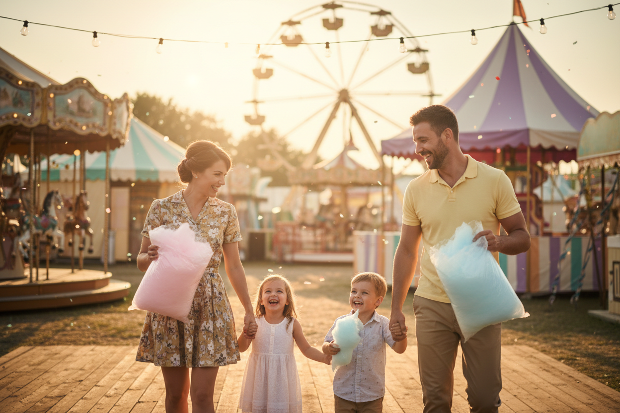 Whimsical carnival cotton candy family scene